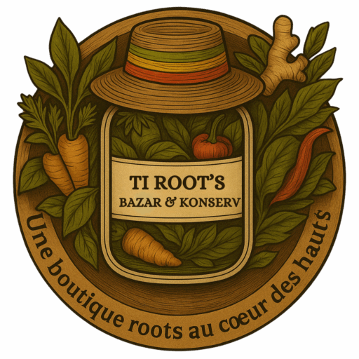 Logo officiel de Ti Roots Bazar & Konsérv, projet agricole et artisanal réunionnais dédié à la transformation, à la transmission et à l’autonomie alimentaire